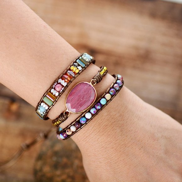 LiveChicStyle Jewelry - Boho Rhodochrosite Natural Stone Leather Bracelet